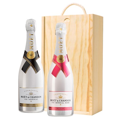 Moet Ice White and Moet Ice White Rose Two Bottle Wooden Gift Boxed (2x75cl)